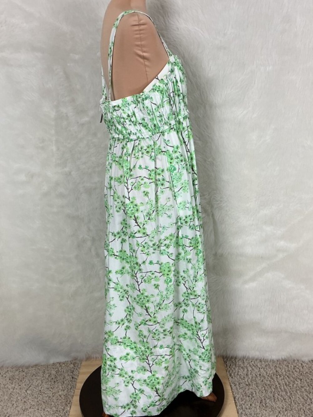 J. Crew Sleeveless Gathered Tank Midi Dress Lime Green Cherry Blossoms NWT 16 - Picture 5 of 8